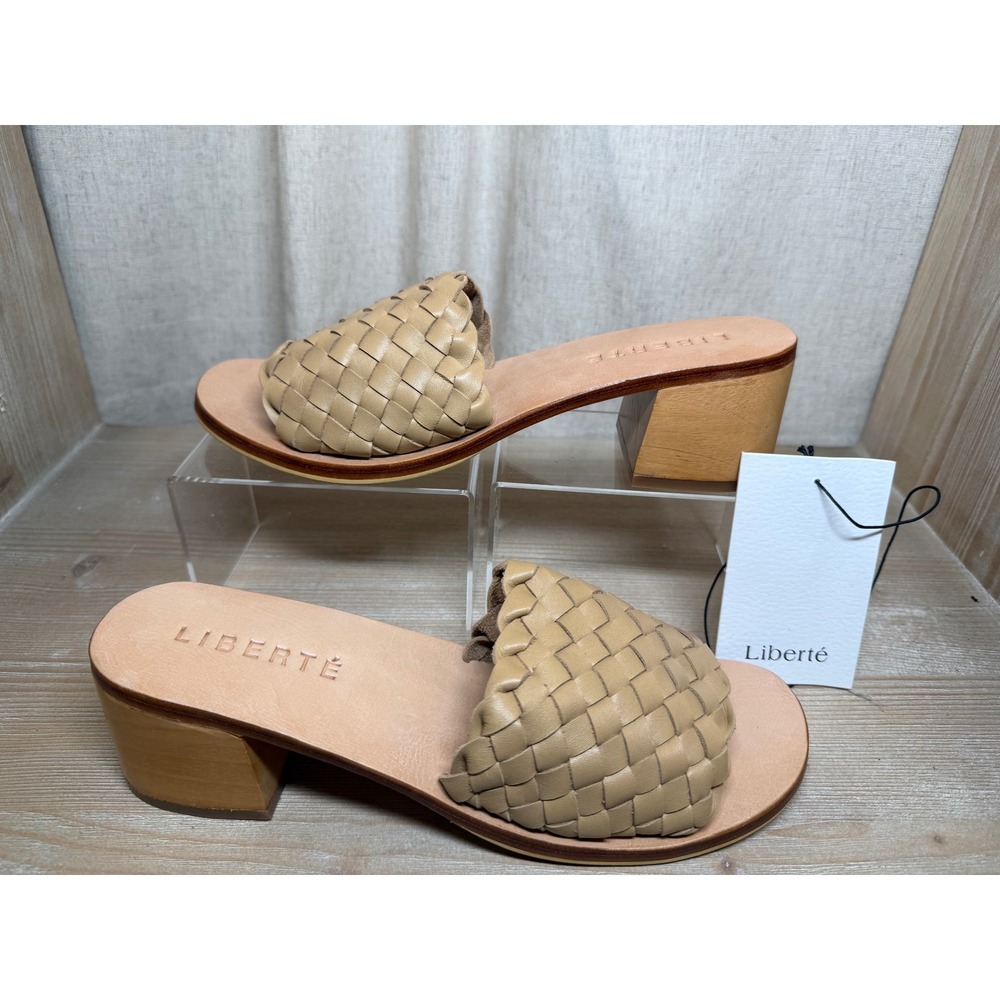 New Liberte Women's Size 9 Woven Leather Block Heel Slide Sandals Nude Tan
